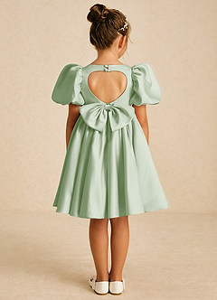 Azazie Muffin Flower Girl Dresses Dusty Sage A-Line with Sleeves Matte Satin Dress image1