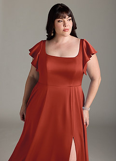 Azazie Bondi Bridesmaid Dresses Rust A-Line Bow Stretch Satin Dress image11