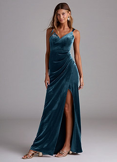 Azazie Leo Bridesmaid Dresses Blue Topaz Sheath Pleated Velvet Dress image1