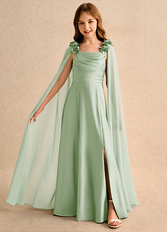 Azazie Rosita Junior Formal Robe Demoiselle D'honneur Fillette Robe Trapèze en Mat Satiné Plissée Vert Sauge image1