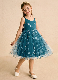 Azazie Junebug Flower Girl Dresses Ink Blue Ball-Gown Spaghetti Strap Tulle Dress image2