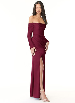 Azazie Hallie Bridesmaid Dresses Burgundy Mermaid Off-The-Shoulder Long Sleeve Stretch Satin Convertible Dress image5