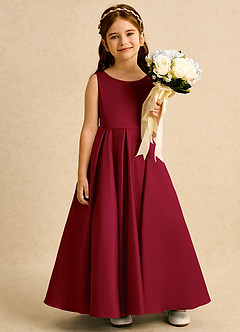 Azazie Pepper Flower Girl Dresses Burgundy A-Line Pleated Matte Satin Dress image6