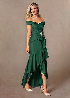 Azazie Billings Mother of the Bride Dresses Dark Green Mermaid Off the Shoulder Stretch Satin Dress image6