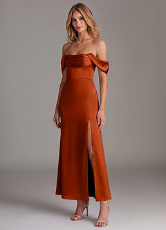 Azazie Saige Bridesmaid Dresses Paprika Mermaid Off the Shoulder Stretch Satin Dress image4