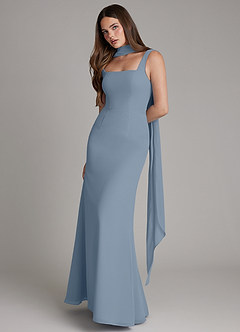 Azazie Katya At-home Try On Dresses Dusty Blue Mermaid Square Neckline Chiffon Convertible Dress image3