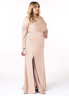 Azazie Hallie Jurken voor bruidsmeisjes Converteerbaar Jurk van Stretch Satijn met Kolom Off-the-shoulder lange mouw Blozend Roze image11