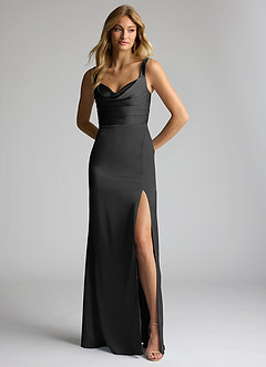 Azazie Elida Bridesmaid Dresses Black Sheath Pleated Stretch Satin Dress image1