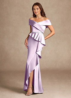 Azazie Dareia Mother of the Bride Dresses Frosted Lilac Mermaid Off the Shoulder Stretch Satin Dress image5