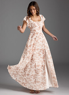 Azazie Bondi Robes de demoiselle d'honneur Robe Trapèze en Mousseline de soie Volant Fougère Rose Florale image4