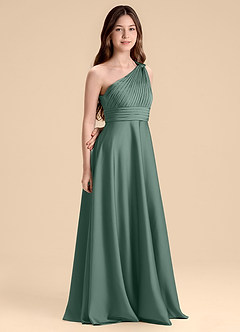 Azazie Charlize Junior Jurk van Stretch Satijn met A-Lijn Geplooid Eucalyptus image3