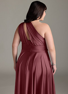 Azazie Charlize Bridesmaid Dresses Desert Rose A-Line One Shoulder Stretch Satin Dress image16