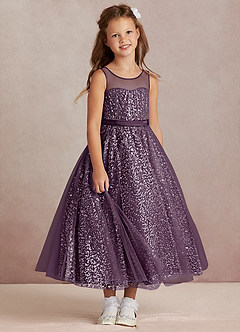 Azazie Siwa Flower Girl Dresses Plum A-Line Beaded Tulle Dress image2