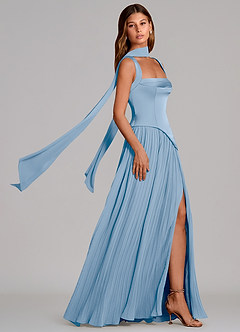 Azazie Stephanie Vestidos de damas de honor Vestido de Azul Pálido de Satén Elástico de Corte en A con Plisado image3