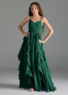 Azazie Peyton Junior Emerald A-Line V-Neck Cascading Ruffles Chiffon Dress image1