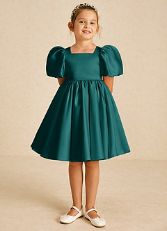 Azazie Muffin Blumenmädchenkleider A-Linie mit ärmel Matte Satin Kleid Pfau image2