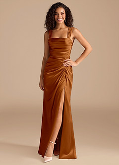 Azazie Jesaphine Bridesmaid Dresses Copper Sheath Bow Metallic Satin Dress image3