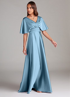 Azazie Pamela Bridesmaid Dresses Steel Blue A-Line Pleated Stretch Satin Dress image3