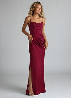 Azazie Mai Bridesmaid Dresses Burgundy Sheath Pleated Stretch Satin Dress image3