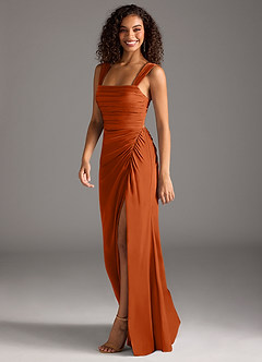 Azazie Jesaphine Robes de demoiselle d'honneur Robe Fourreau en Satin extensible Arc Orange Brûlée image6