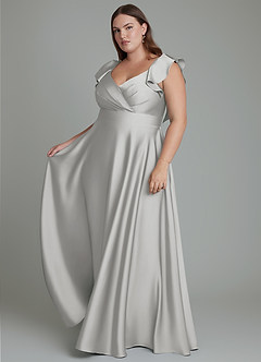 Azazie Leilani Bridesmaid Dresses Silver A-Line Ruched Stretch Satin Dress image13