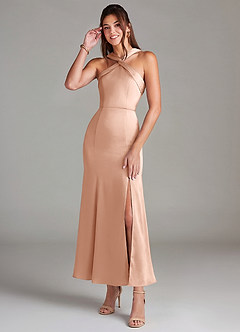 Azazie Rue Bridesmaid Dresses Rose Gold Mermaid Pleated Stretch Satin Dress image1