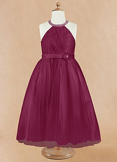 Azazie Honey Flower Girl Dresses Mulberry A-Line Beaded Matte Satin Dress image7
