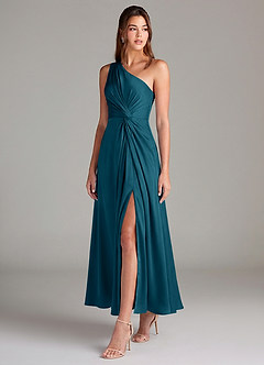 Azazie Brooke Bridesmaid Dresses Ink Blue A-Line One Shoulder Stretch Satin Dress image3