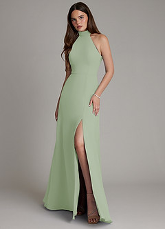 Azazie Myra Bridesmaid Dresses Dusty Sage A-Line High Neck Chiffon Dress image1