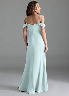Azazie Amyra Junior Sea Glass Sheath Off the Shoulder Stretch Satin Dress image5
