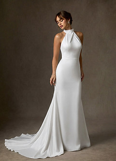 Azazie Tulipa Wedding Dresses Diamond White Sheath High Neck Stretch Satin Dress image4