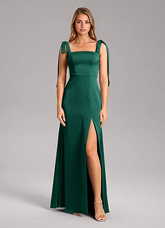 Azazie Frostine Bridesmaid Dresses Emerald A-Line Bow Stretch Satin Dress image5