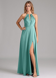 Azazie Evalleen Bridesmaid Dresses Aqua A-Line Pleated Stretch Satin Dress image1