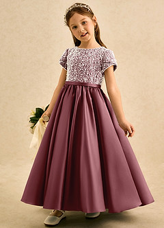Azazie Cashew Flower Girl Dresses Desert Rose Ball-Gown with Sleeves Matte Satin Dress image3