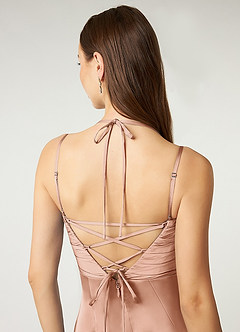 Azazie Desi Bridesmaid Dresses Rose Gold Sheath Halter Corset Stretch Satin Dress image3