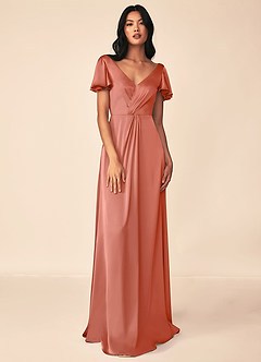 Azazie Soren Bridesmaid Dresses Salmon Pink A-Line Pleated Stretch Satin Dress image1