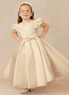 Azazie Jewel Flower Girl Dresses Champagne Ball-Gown Pleated Matte Satin Dress image1