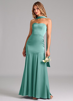 Azazie Shiloh Vestidos de damas de honor Vestido de Aqua de Satén Elástico de Corte Sirena Convertible con Sin tirantes image6