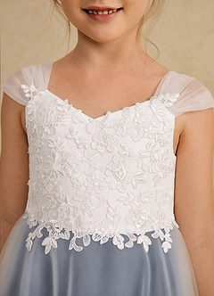 Azazie Momo Abiti da Ragazza di Fiori Abito A-Line in Pizzo Avorio Blu Scuro image6