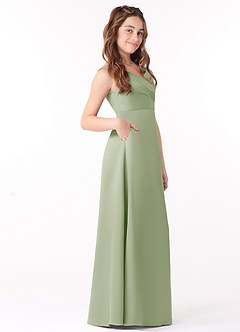 Azazie Sadia Junior Robe Trapèze en Satin extensible Plissée Vert Sauge image2