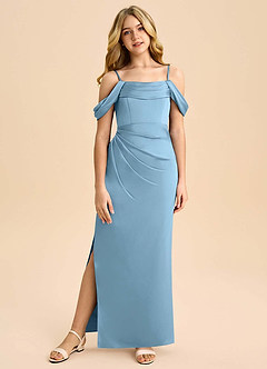 Azazie Saige Junior Robe Fourreau en Satin extensible Épaule décolletée Acier Bleuté image3