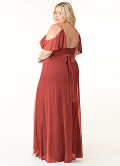 Azazie Fiena Final Sale Terracotta A-Line V-neck Ruched Mesh Dress image10