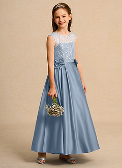 Azazie Candy Girl Jurken voor bloemenmeisjes Baljurk Jurk van Mat Satijn Boog Stoffig Blauw image7