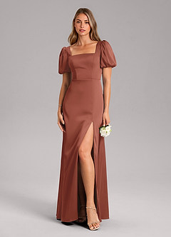 Azazie Fyona Bridesmaid Dresses Auburn A-Line Pleated Stretch Satin Dress image3