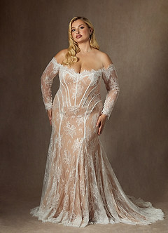 Azazie Katherine Wedding Dresses Diamond White Caramel Mermaid Off the Shoulder Tulle Dress image10