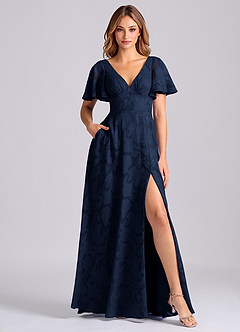 Azazie Kimber Jurken voor bruidsmeisjes Jurk van Bloemen Burn-out met A-Lijn met Zakken Donkere Marine image1