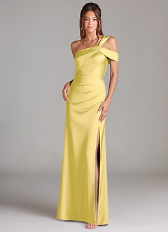 Azazie Wynter Robes de demoiselle d'honneur Robe Fourreau en Satin extensible Asymétrique Canari image1
