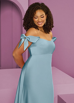 Barbie ♥ Azazie Bridesmaid Dresses Moody Blue Sheath Off the Shoulder Stretch Satin Convertible Dress image12