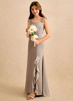 Azazie Novalie Girls Formal Flower Girl Dresses Taupe Mermaid Bow Stretch Satin Dress image2