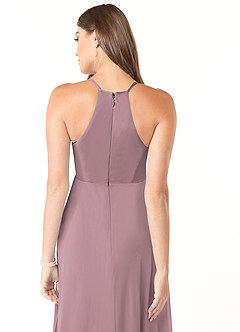 Azazie Annabelle At-home Try On Dresses A-Line V-Neck Pleated Mesh Floor-Length Dress image6